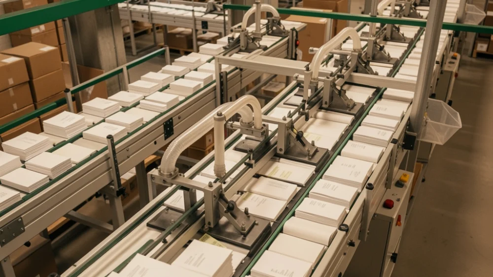 Overhead view of automated mail sorting machinery in a warehouse facility