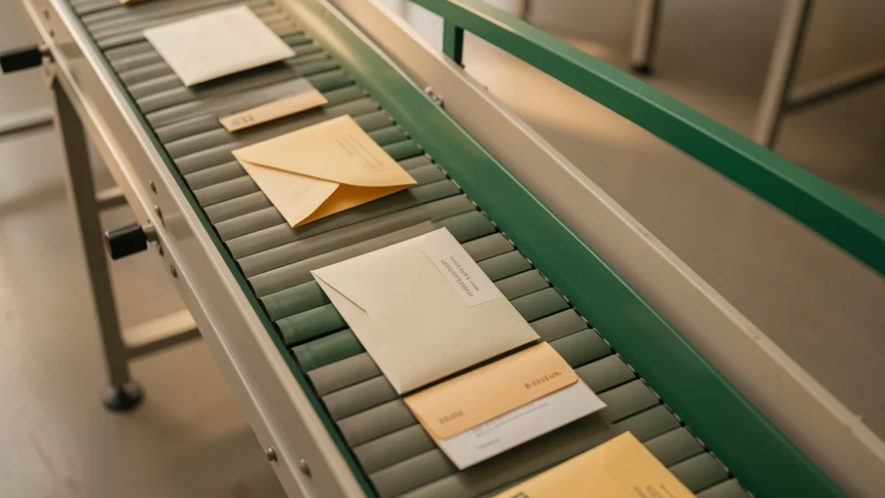 Overhead view of automated mail sorting facility with conveyor belts and warm natural lighting