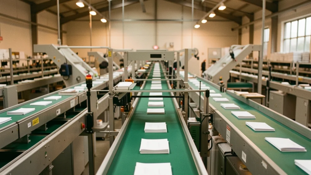 Overhead view of automated mail sorting facility with emerald-green conveyor belts