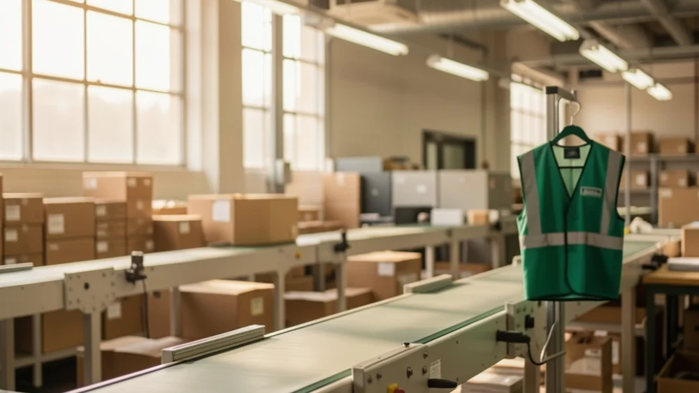 Industrial mail sorting facility with conveyor belts and warm natural lighting