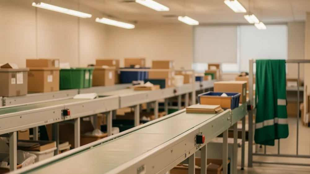 Overhead view of mail sorting conveyor in warm natural light with emerald safety accents