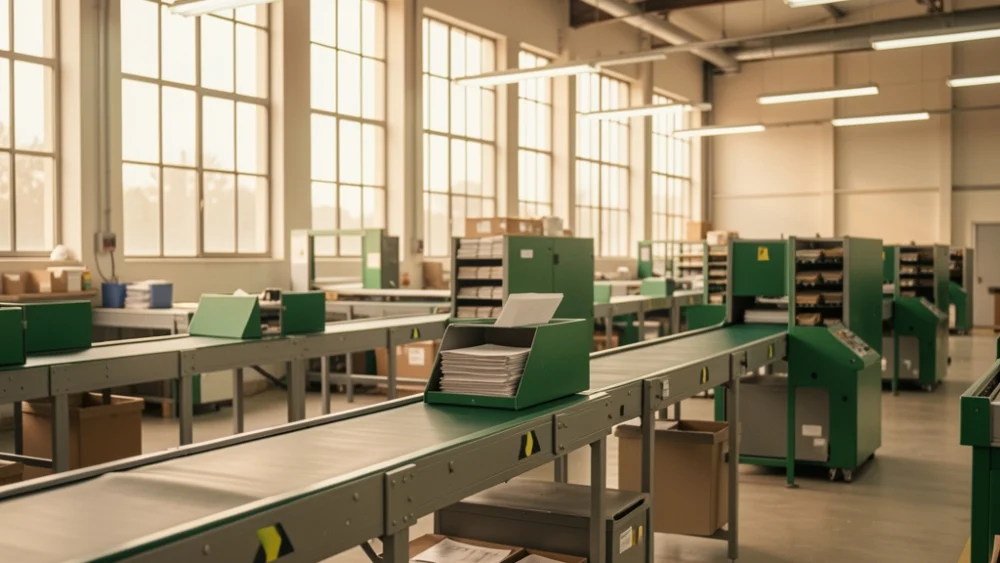 Industrial mail sorting facility with conveyor belts and warm natural lighting