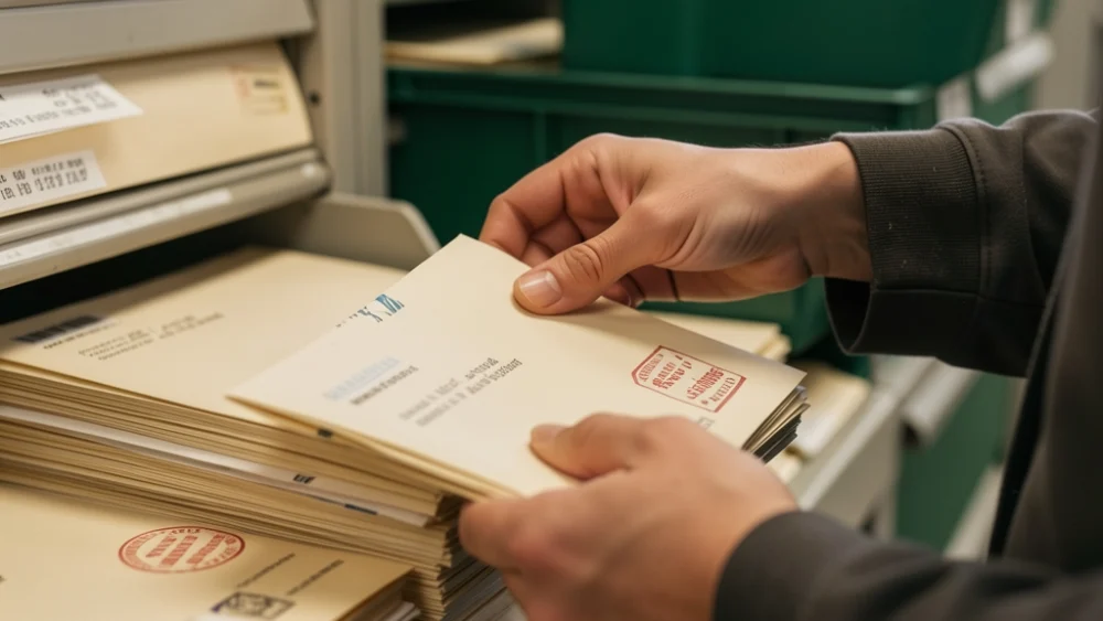 A postal worker's hands sorting returned mail, illustrating the concept of email bounces.