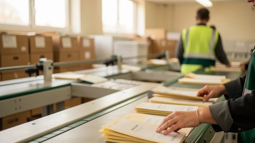 Mailroom worker sorting envelopes on a conveyor belt in natural light
