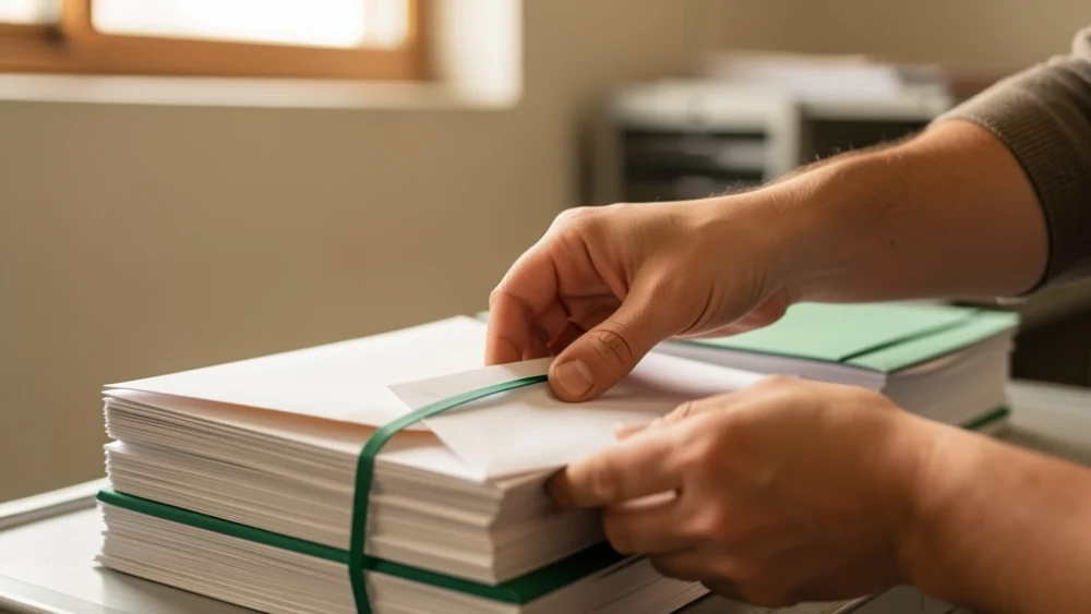Hands sorting business mail in a mailroom with warm natural lighting