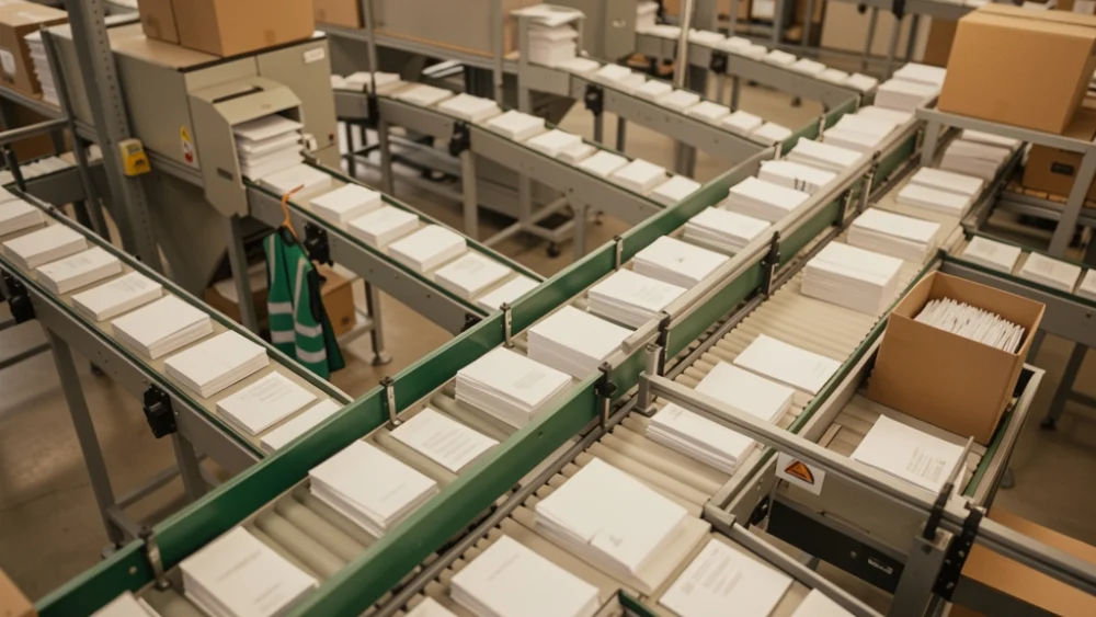 Overhead view of mail sorting facility conveyor belts with warm lighting