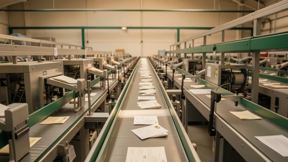 Overhead view of automated mail sorting conveyor in a distribution facility