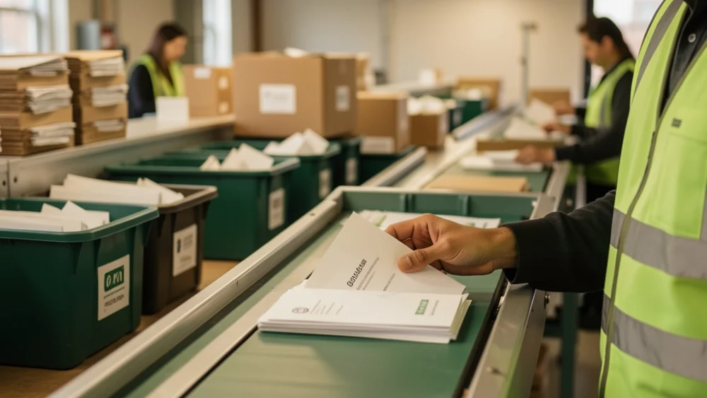 Postal worker sorting bulk mail on conveyor belts in industrial mailroom