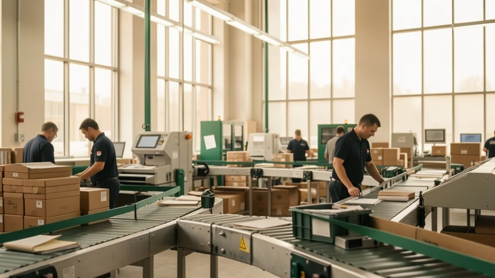 Industrial mail sorting facility with conveyor belts and warm natural lighting