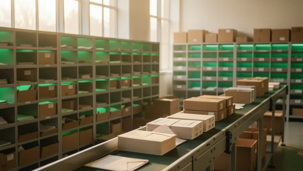 High-volume mail sorting facility with warm morning light and subtle green accent lighting