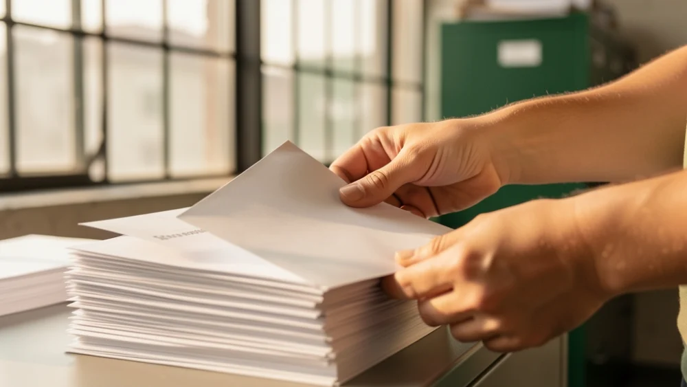 Hands sorting envelopes in a mailroom with warm natural light