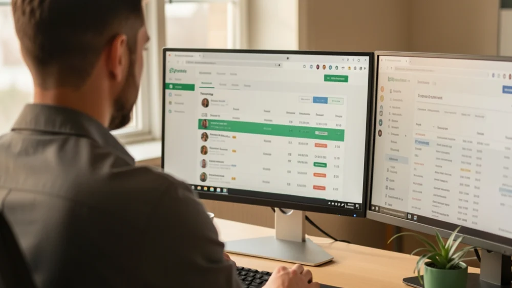 Agency campaign manager reviewing multiple cold email dashboards on triple monitors