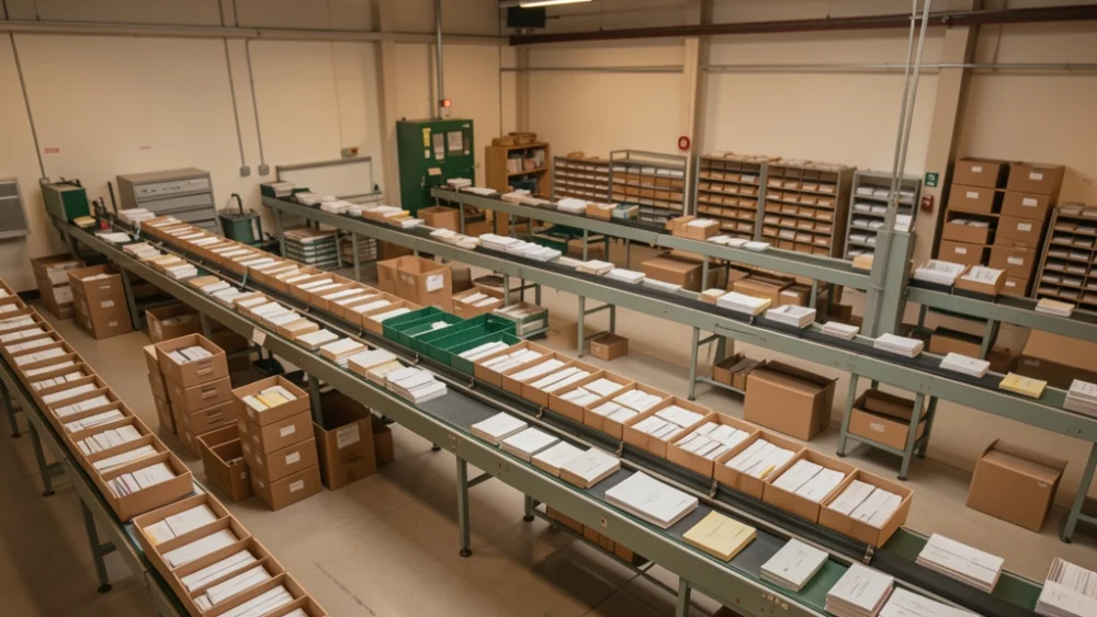 Overhead view of a mail sorting facility with conveyor belts and organized letter trays
