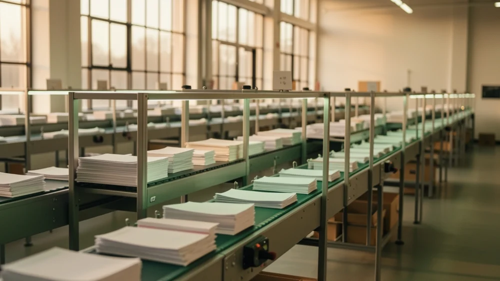 Mail sorting facility with warm lighting and emerald green accents