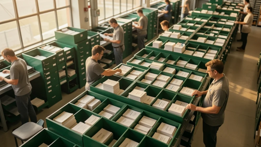 Overhead view of a mail sorting facility with emerald-green sorting bins