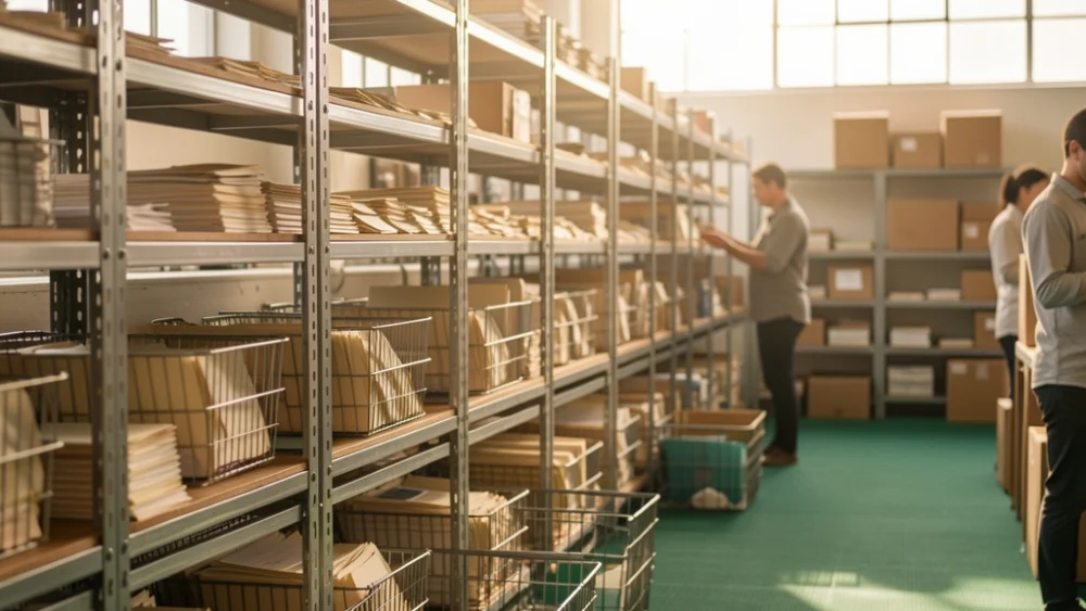 Mailroom worker sorting envelopes into wire baskets in industrial facility with warm natural light