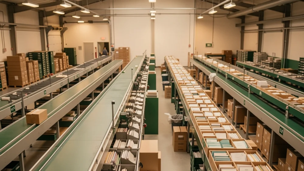 Overhead view of a mail sorting facility with conveyor belts and organized letter trays