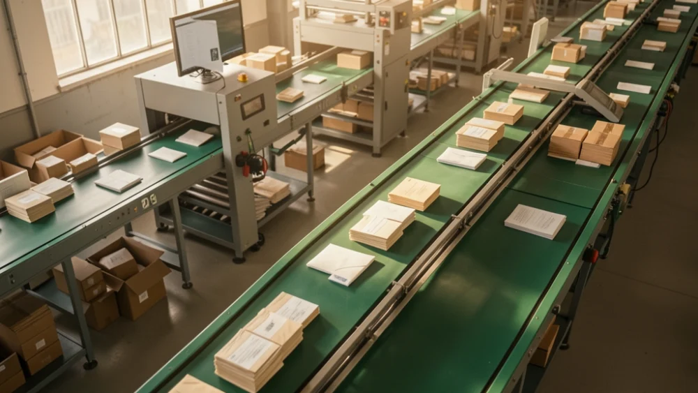 Overhead view of automated mail sorting facility with emerald-green conveyor belts