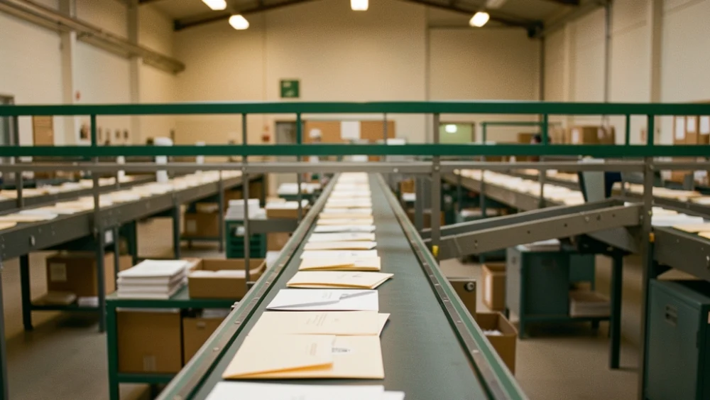 Overhead view of envelopes on a conveyor belt in a mail sorting facility