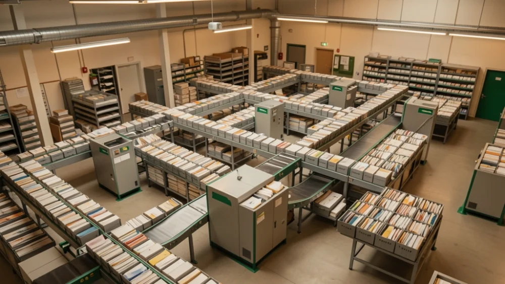 Overhead view of a mail sorting facility with conveyor belts and organized letter trays