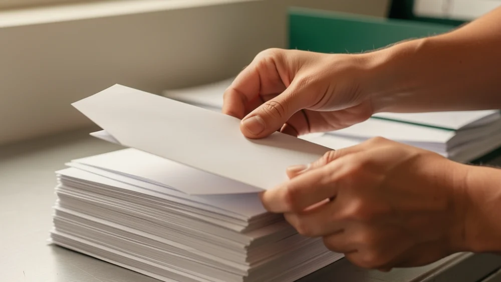 Hands sorting envelopes in a mailroom, representing email verification and delivery