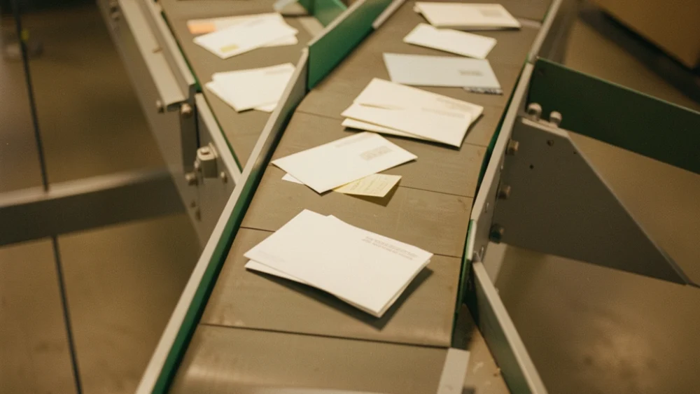Overhead view of envelopes on a mail sorting conveyor belt in warm industrial lighting