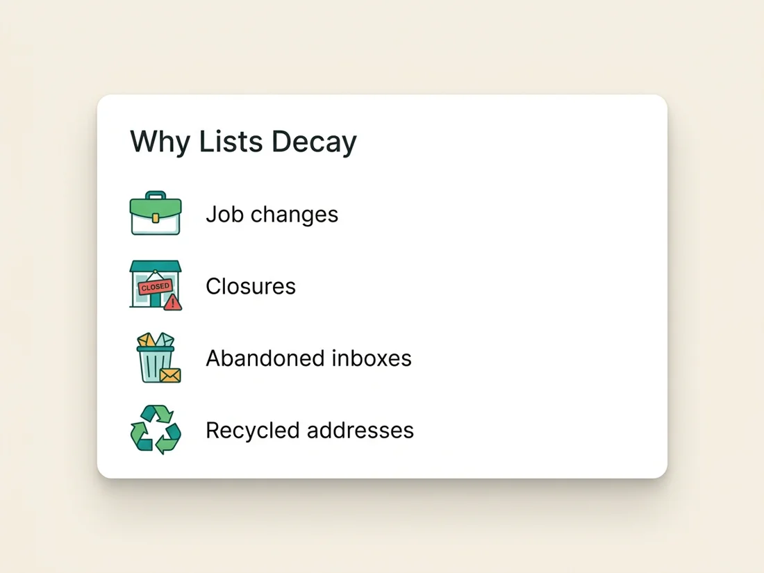 Causes of email list decay: job changes, closures, abandoned inboxes, recycled addresses