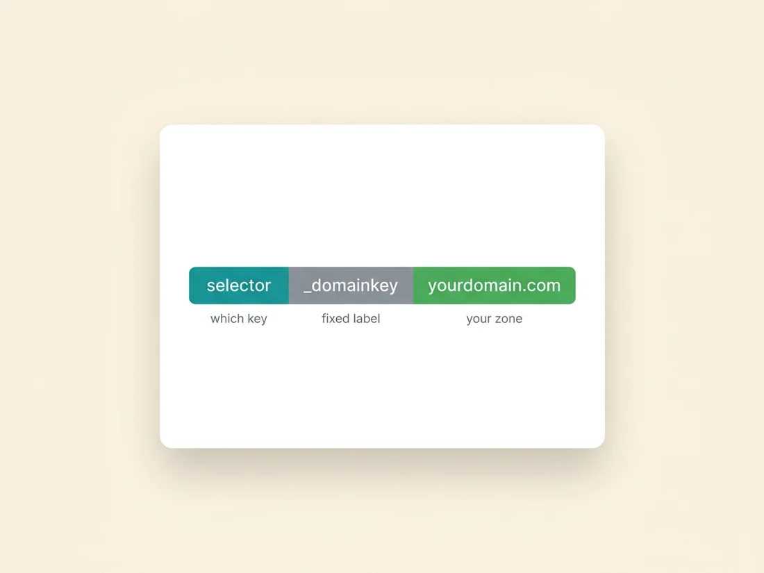 DKIM selector anatomy: selector, _domainkey label and domain form the DNS lookup