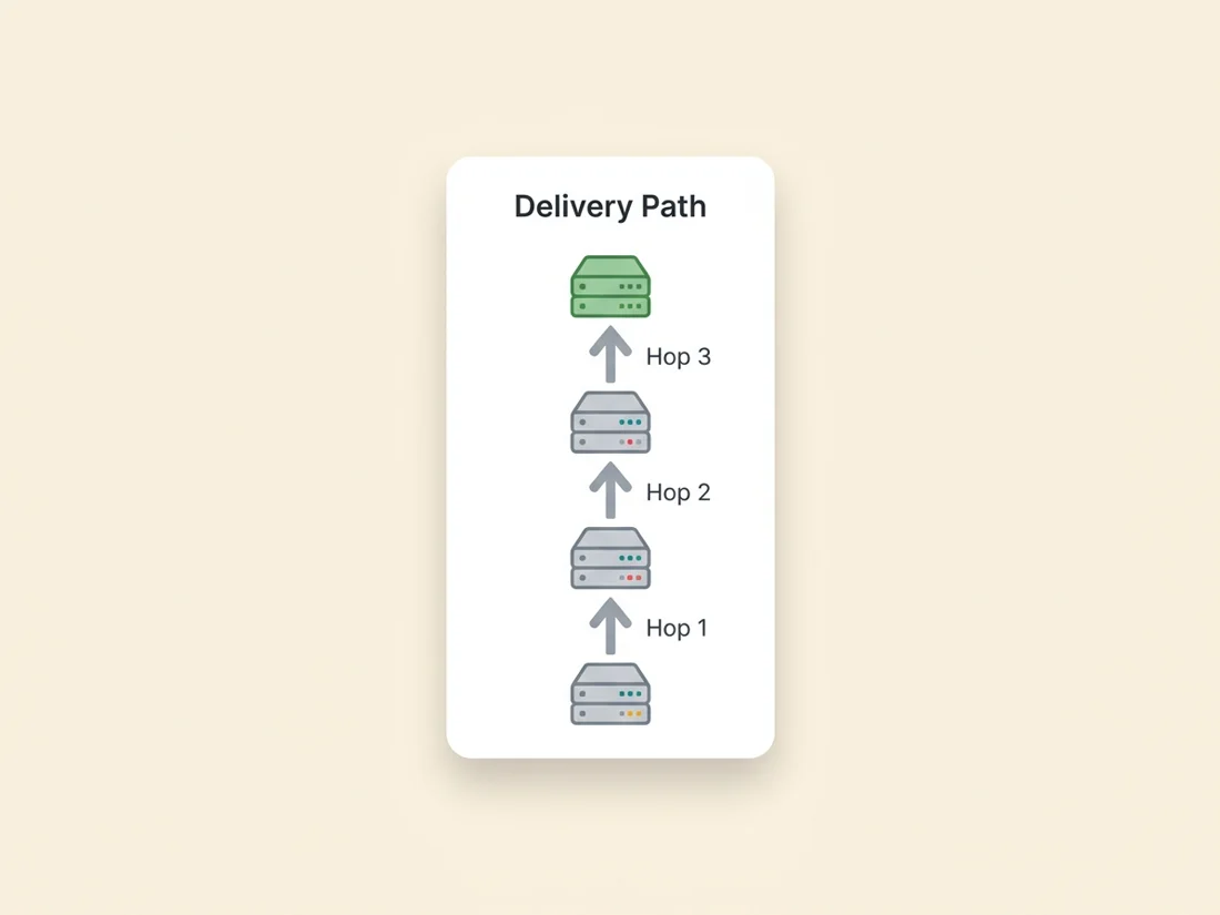 Read email headers bottom-up: the Received chain records every hop from origin to inbox