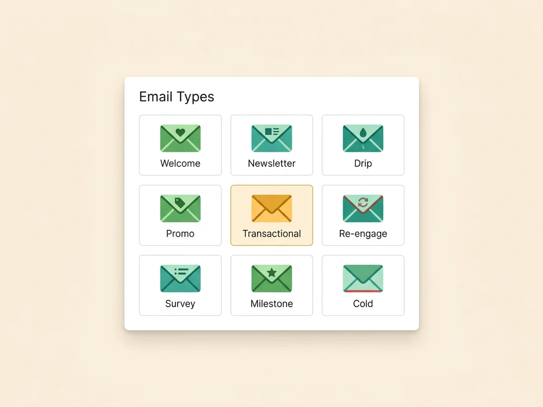 Grid of the nine types of marketing emails from welcome to cold outreach